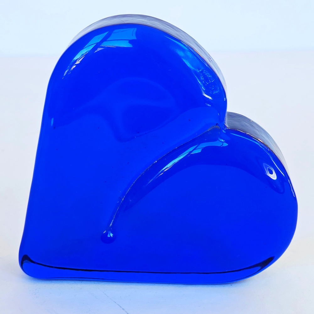Vintage Cobalt Blue Art Glass Heart Paperweight Minimalist Decor Love Gift